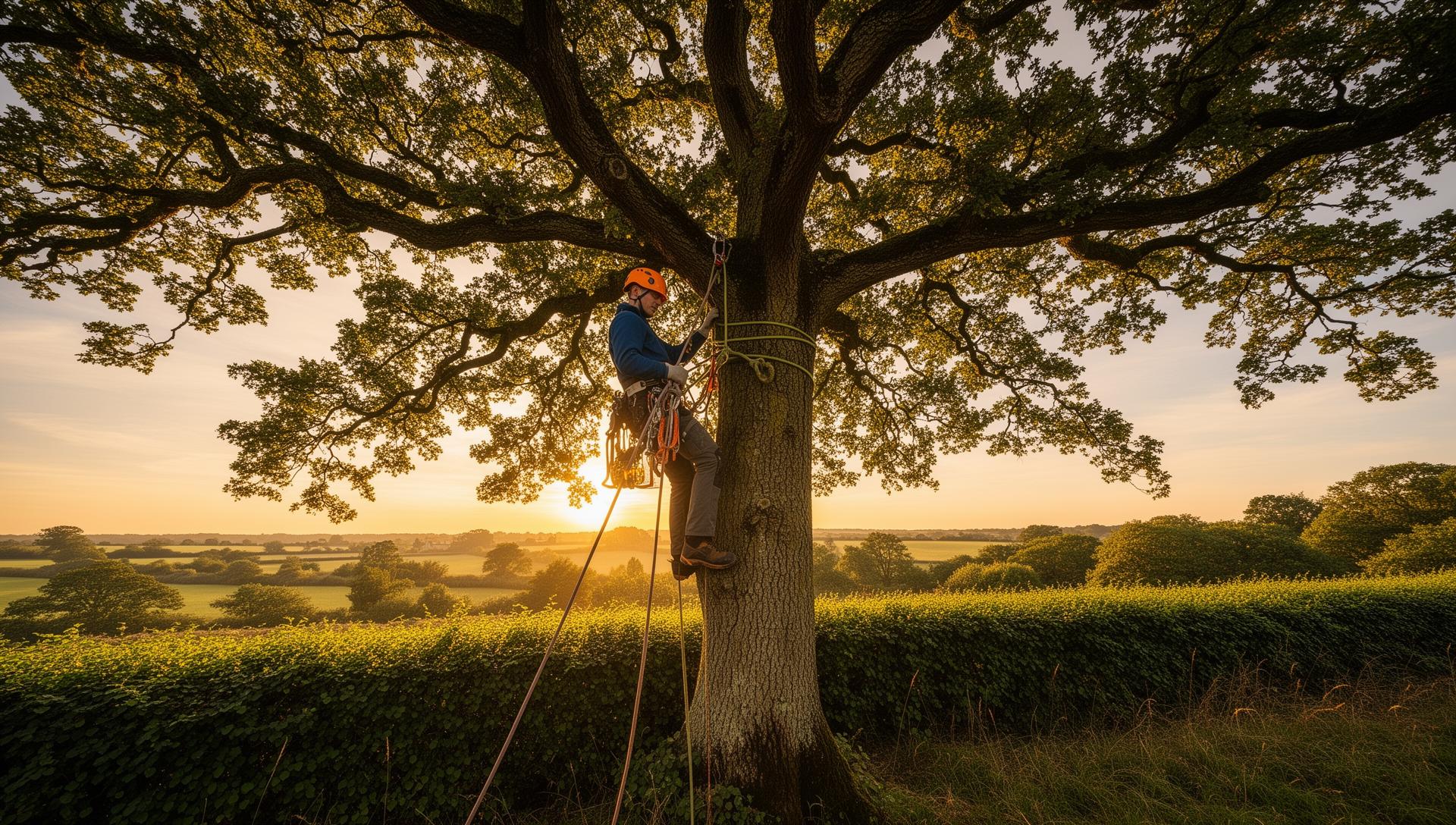 Professional arborist climbing a tree during tree surgery work