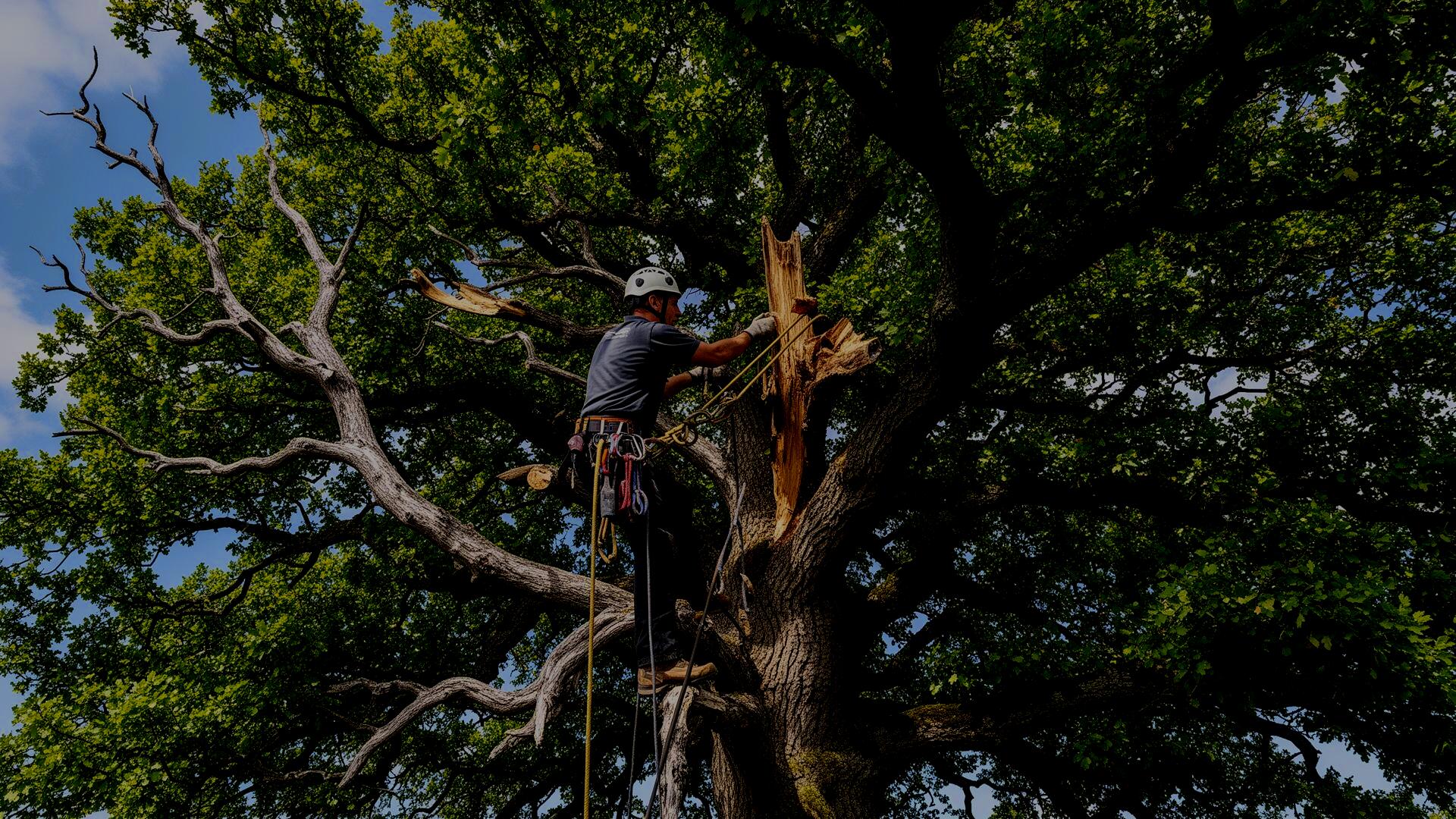 Climber removing dead wood from a mature oak using ropes and harness