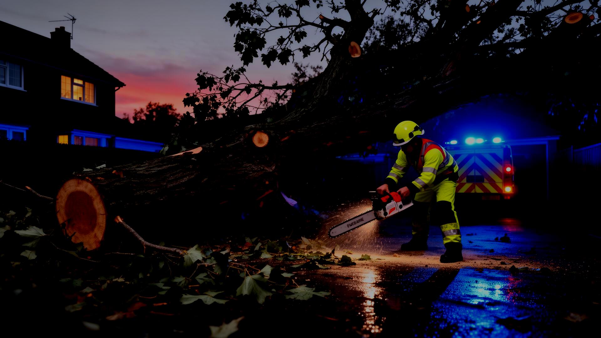 Carpenters Tree Care arborist using a chainsaw to clear a storm-fallen tree on a UK suburban driveway at dusk