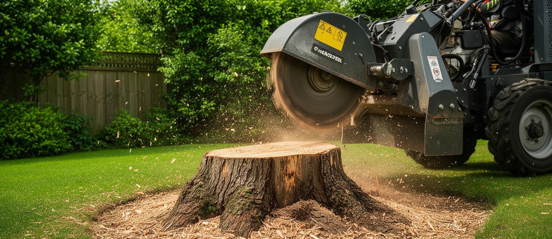 Professional stump grinding machine removing a tree stump in a garden with wood chips flying