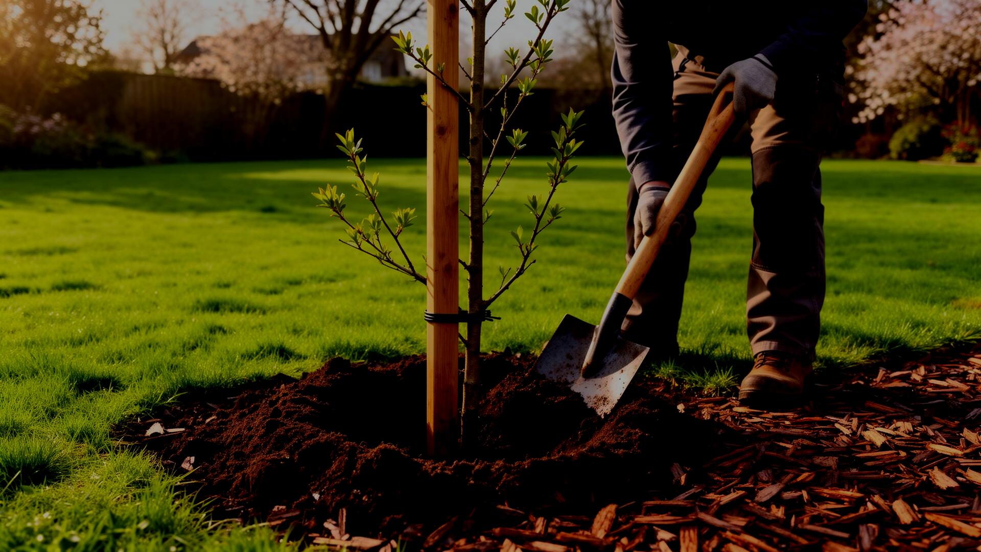 Arborist planting and staking a young tree with mulch in a UK garden