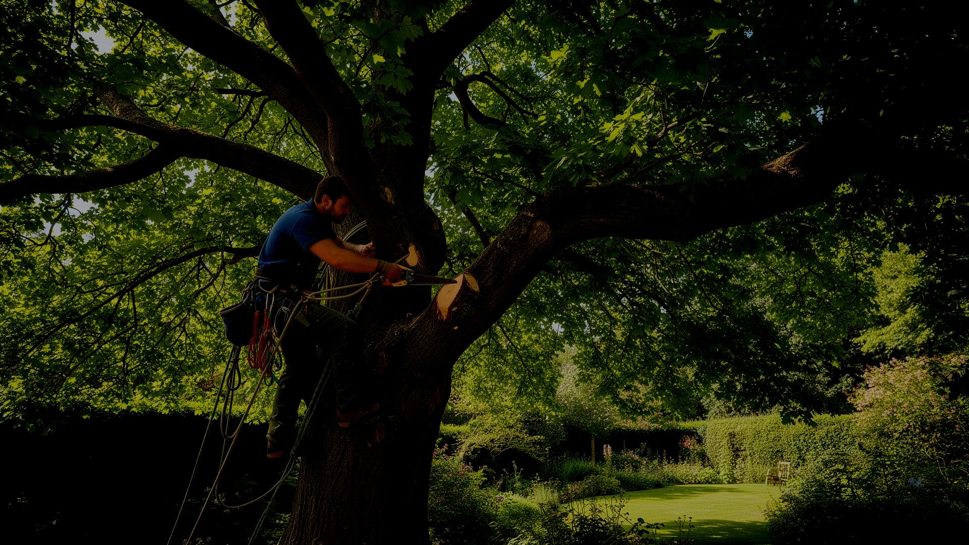 Professional climbing arborist tree pruning a mature broadleaf tree in a UK garden