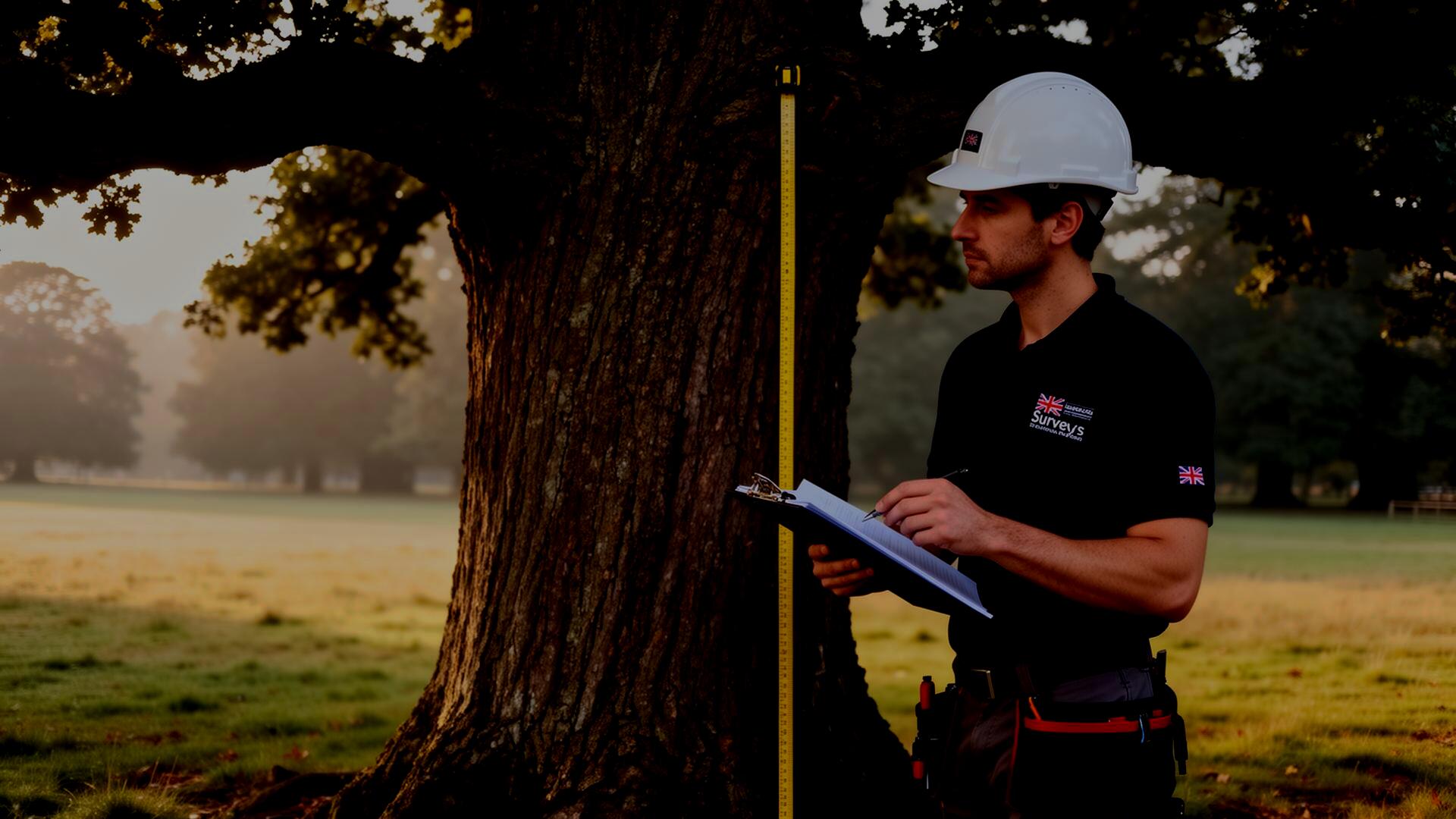 Qualified UK tree surveyor measuring and inspecting a mature oak tree with clipboard