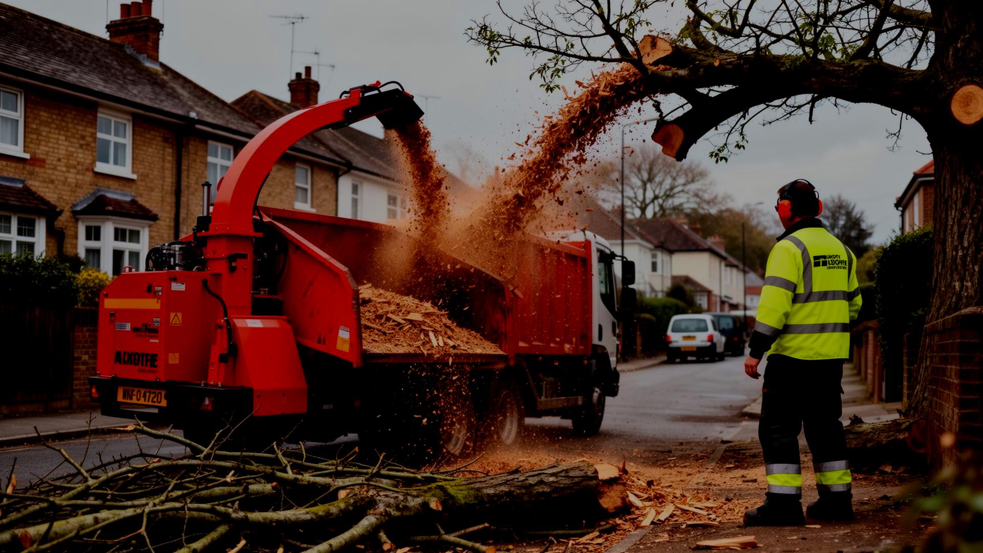 Industrial wood chipper turning tree branches into mulch on a UK residential street